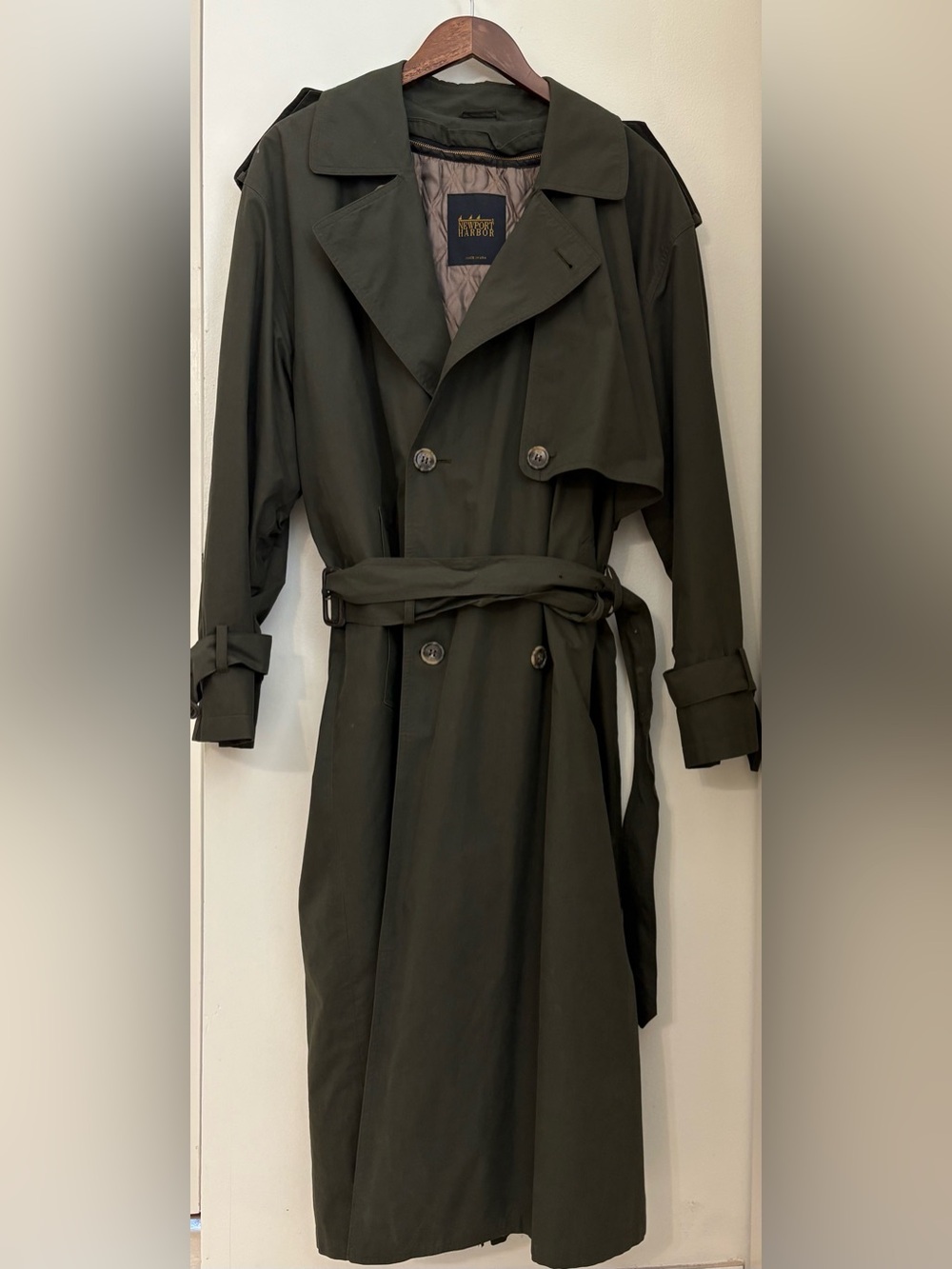 VINTAGE Newport Harbor Men’s Sz:38Reg Wool Lining Belted Khaki Green Trench Coat
